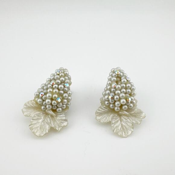 Vintage Faux Pearl & Rhinestone Clip-On Grape Cluster Earrings - Picture 1 of 10